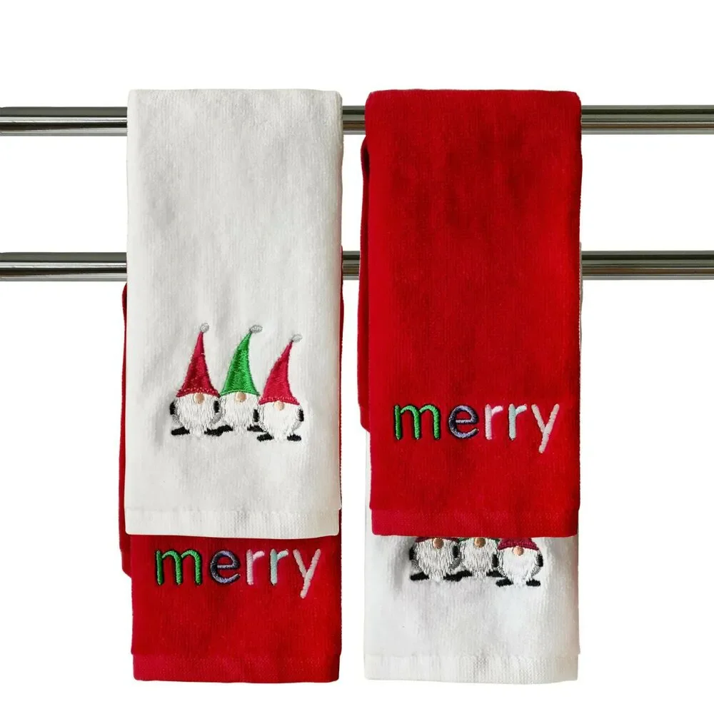 Merry Merry Gnomes Fingertip Towels Winter Holiday Embroidered Set of 4